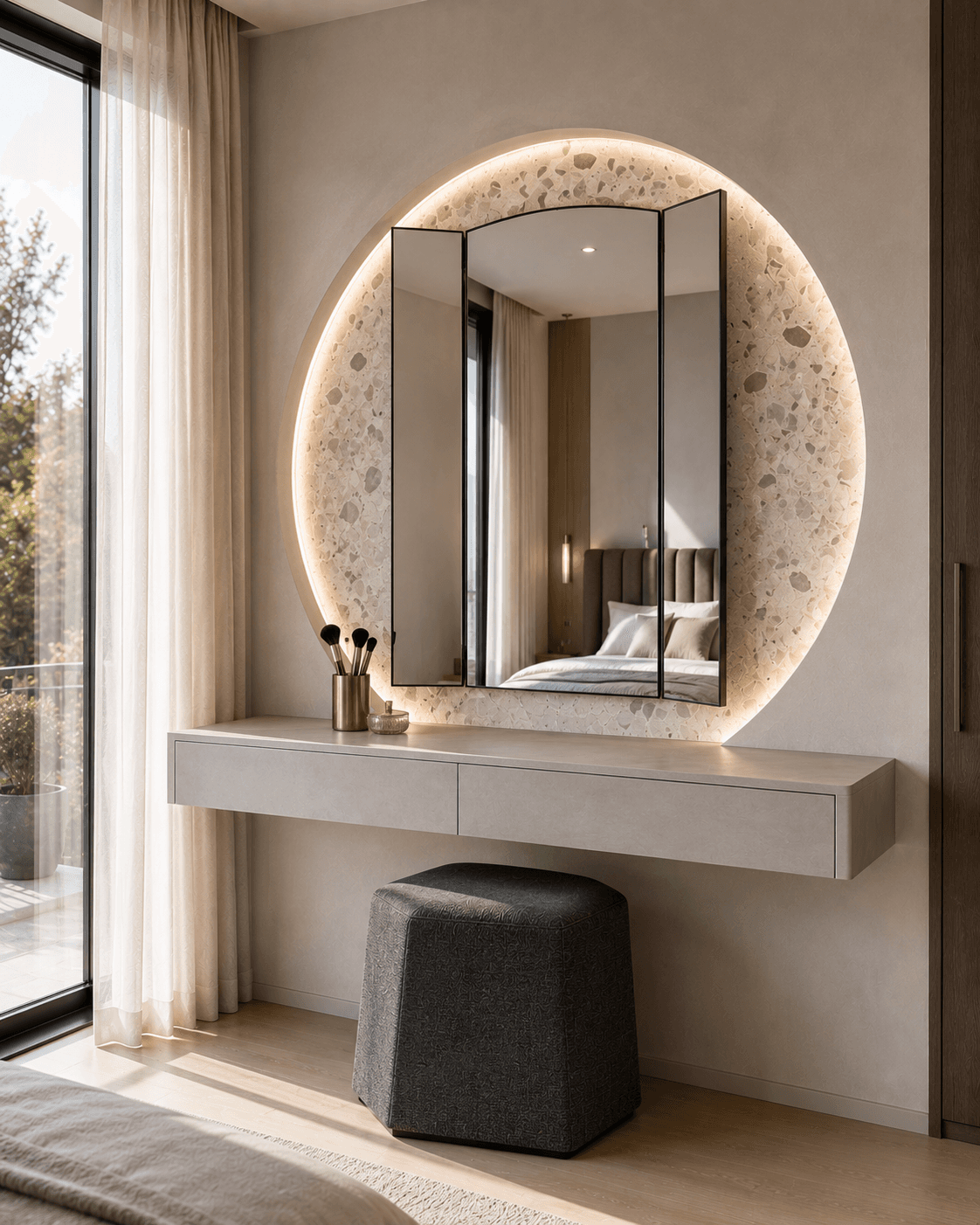 A Trifold Mirror Vanity Set in a Glowing Terrazzo Moon